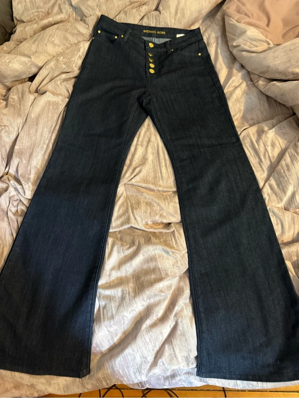 Michael Kors Dark Indigo Wide-Leg Jeans with Gold Hardware